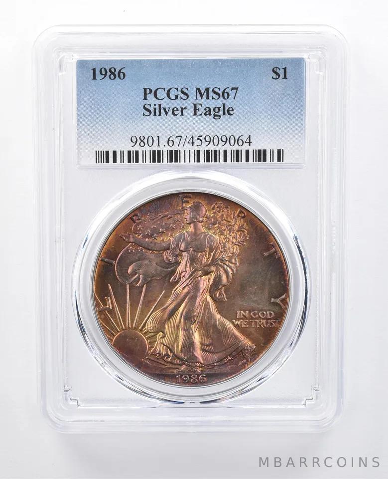 1986 American Silver Eagle MS67 PCGS Purple/Red Tone *8001