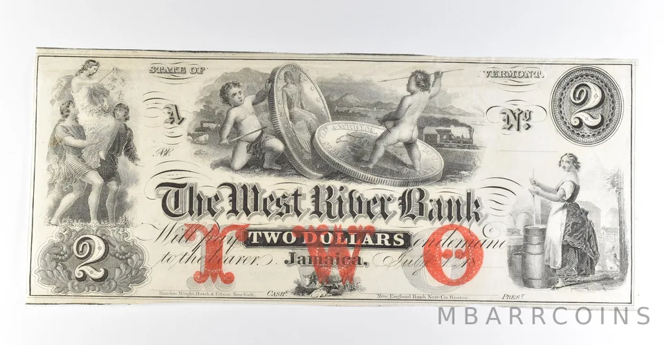 1800s $2 Jamaica VT West River Bank Obsolete Note *8457