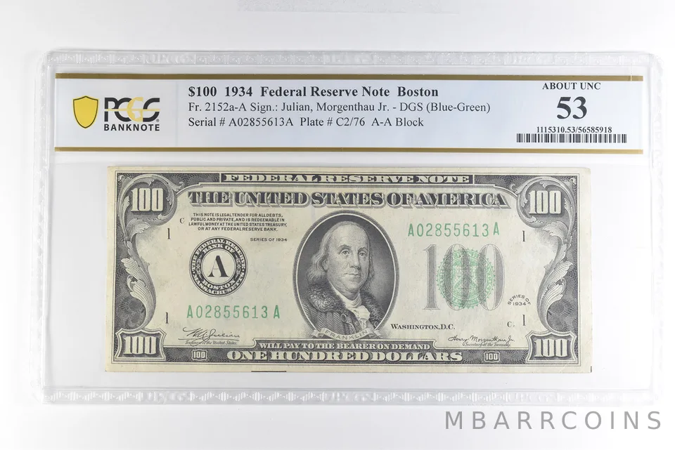 1934 $100 Boston MA FRN Fr#2152a Blue-Green About Unc 53 PCGS *4941