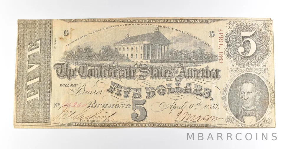 1863 $5 Richmond VA Confederate States Of America Obsolete Note *3885