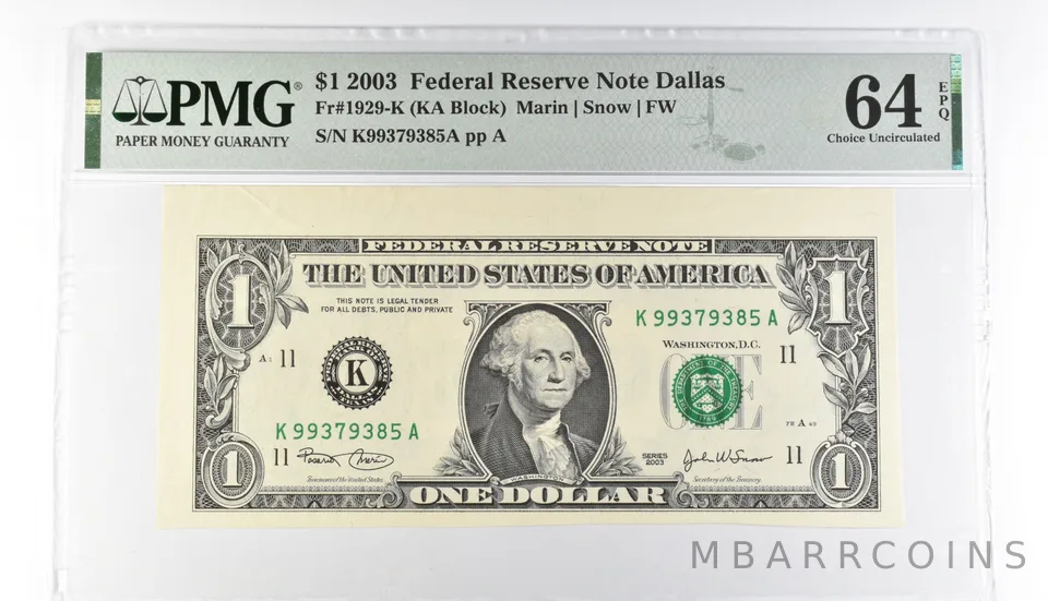 PMG 64 Choice Unc EPQ $1 2003 FRN Dallas Fr#1929-K Misalignment Error *3205