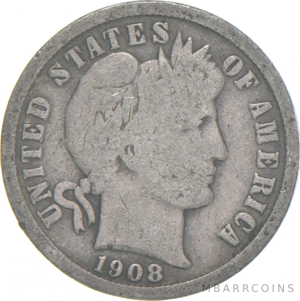 1908-S Barber Dime 90% Silver Average Circ