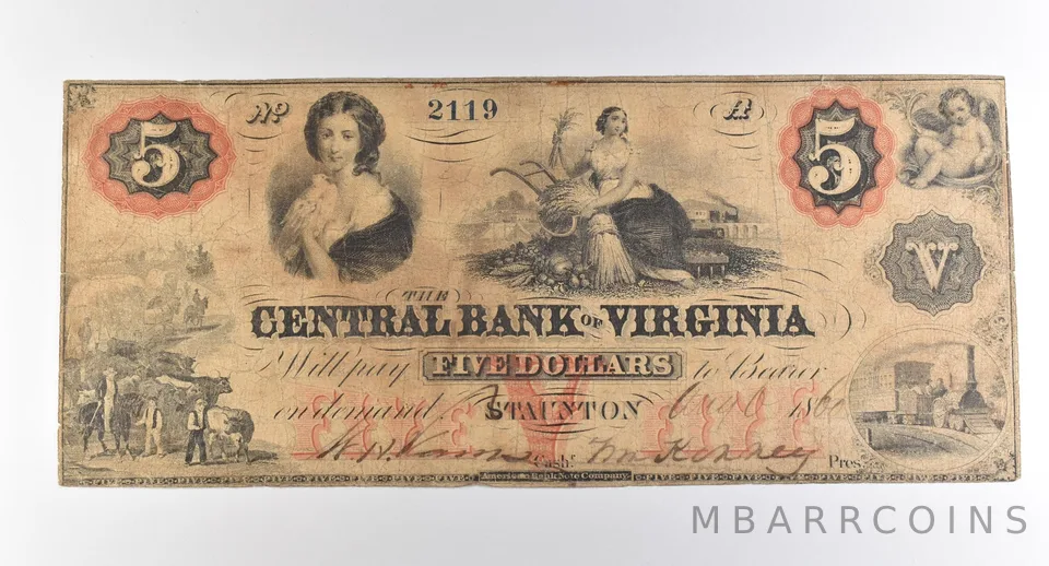 1860 $5 Staunton VA Central Bank Of Virginia Obsolete Note *3848