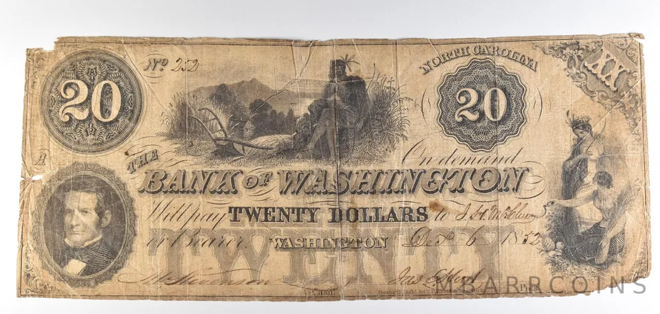 1852 $20 Bank Of Washington NC Obsolete Note *8738