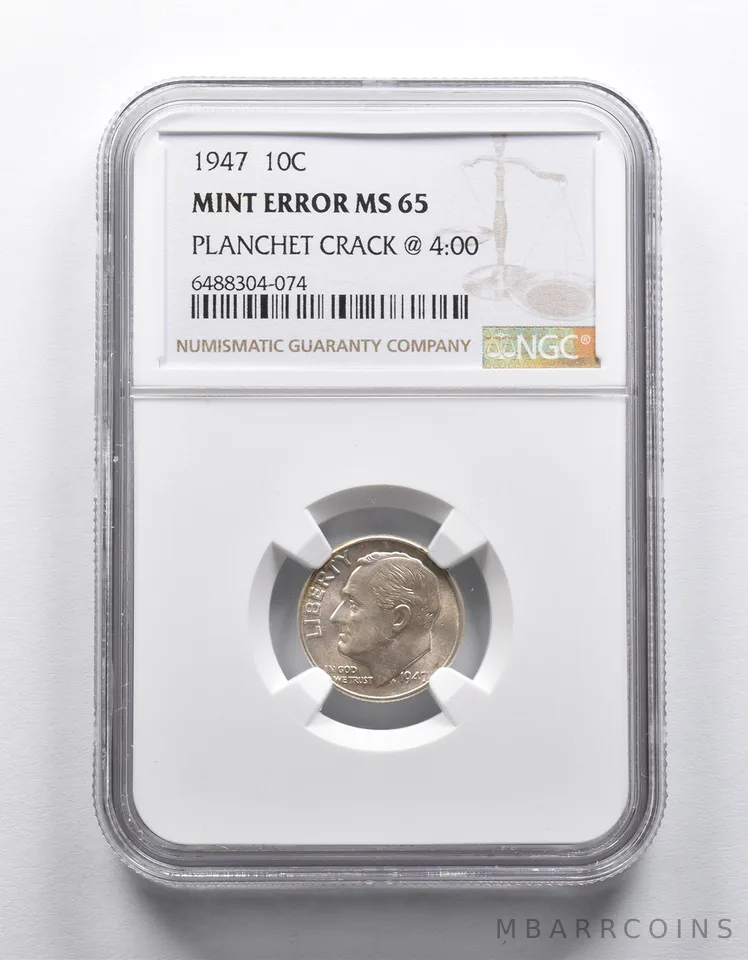 Mint Error MS65 1947 Roosevelt Dime Planchet Crack @4:00 NGC a1876
