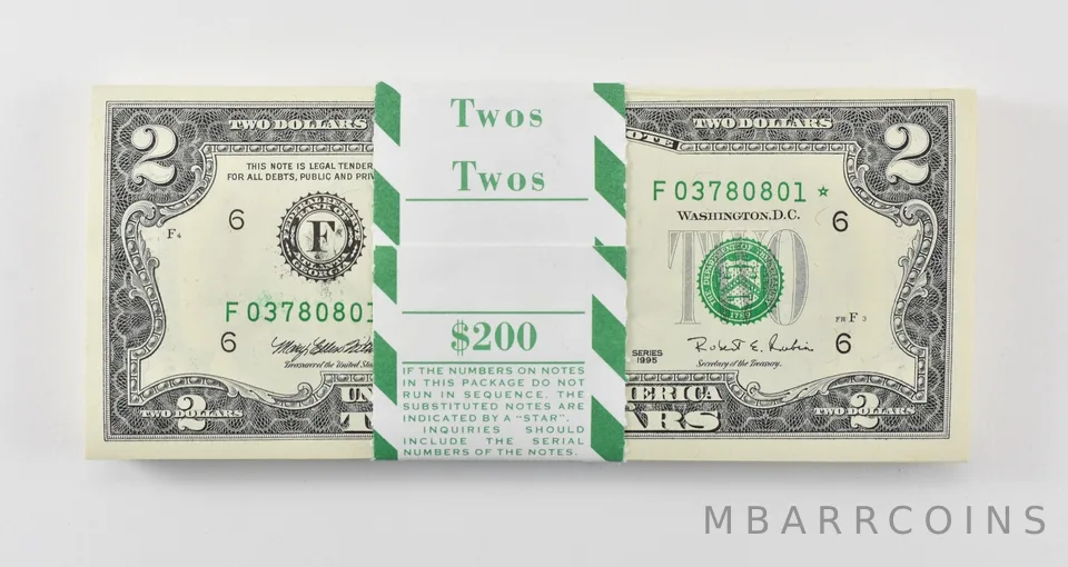 Lot (100) 1995 $2 Atlanta GA FRN Star Note Green Seal Crisp Pack a0377