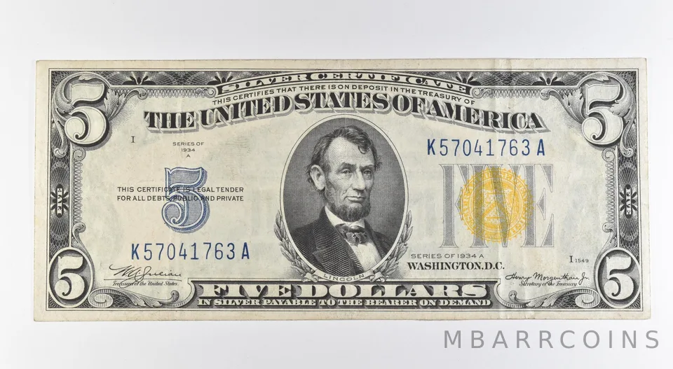 1934 A $5 Silver Certificate Yellow Seal Fr#2307 *0426