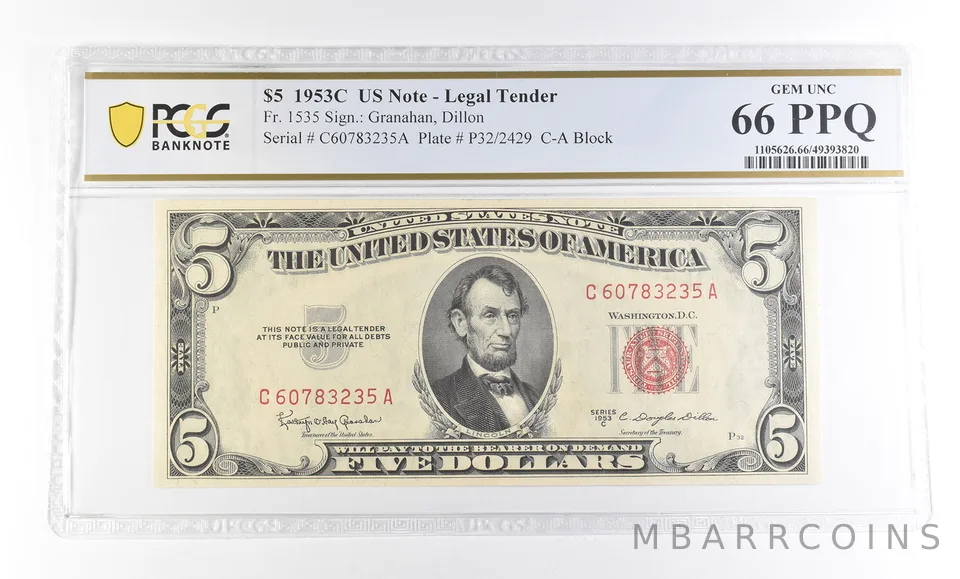 1953 C $5 Legal Tender Fr#1535 Gem Unc 66 PPQ PCGS *2942