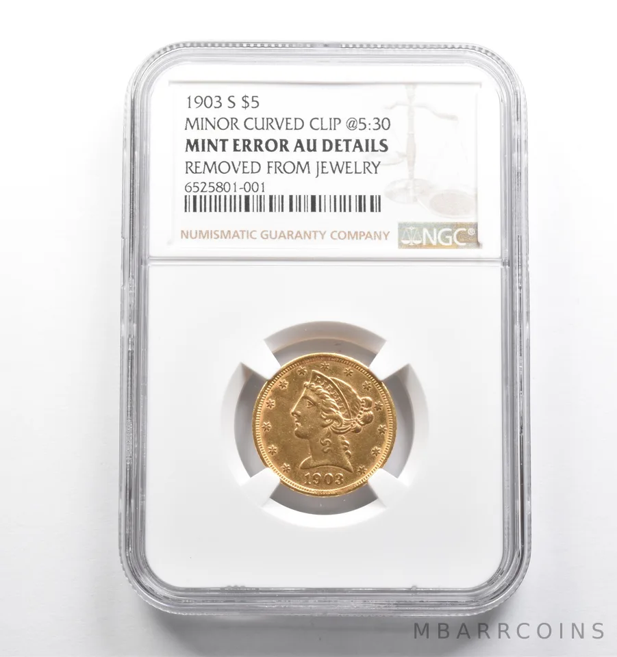 AU Det 1903-S $5 Liberty Head Gold Half Eagle Minor Curved Clip @5:30 NGC a4692