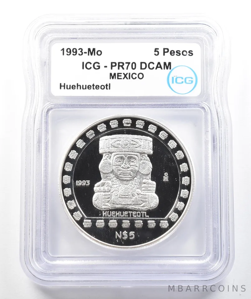 1993 Mo Mexico 5 Pesos Silver Huehueteotl 1 Oz .999 PR70 DCAM ICG