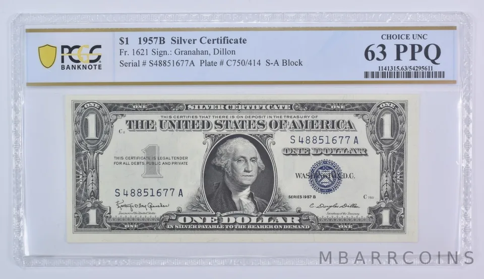 1957 B $1 Silver Certificate Fr#1621 Choice Unc 63 PPQ PCGS