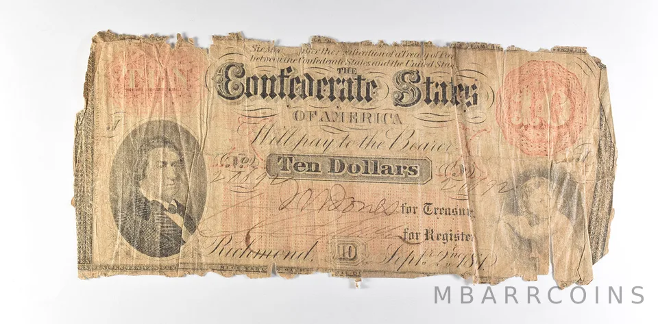 1861 $10 Confederate States Of America T-24 Large Note a8556