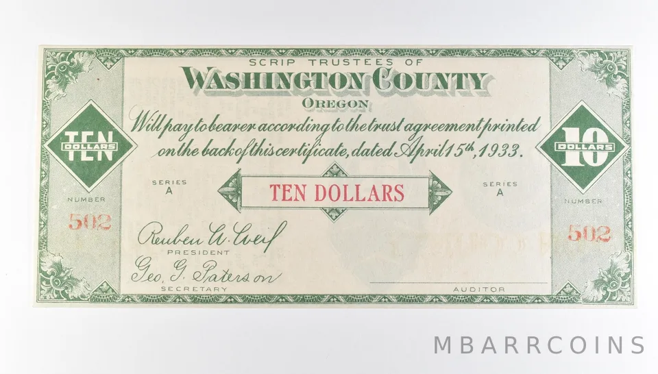 1933 $10 Washington County OR Scrip *9769