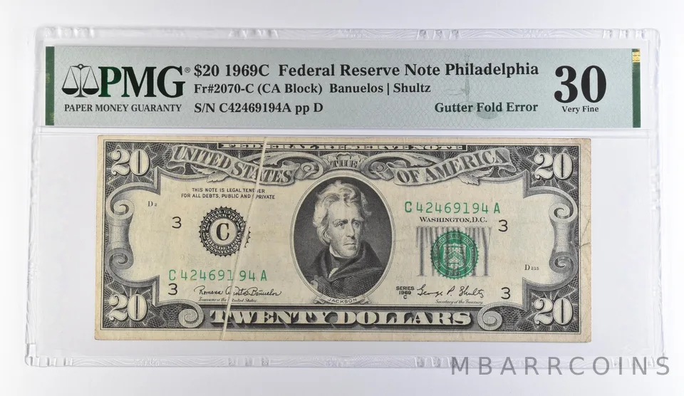 1969 C $20 Philadelphia PA FRN Gutter Fold Error Fr#2070-C VF 30 PMG *9469
