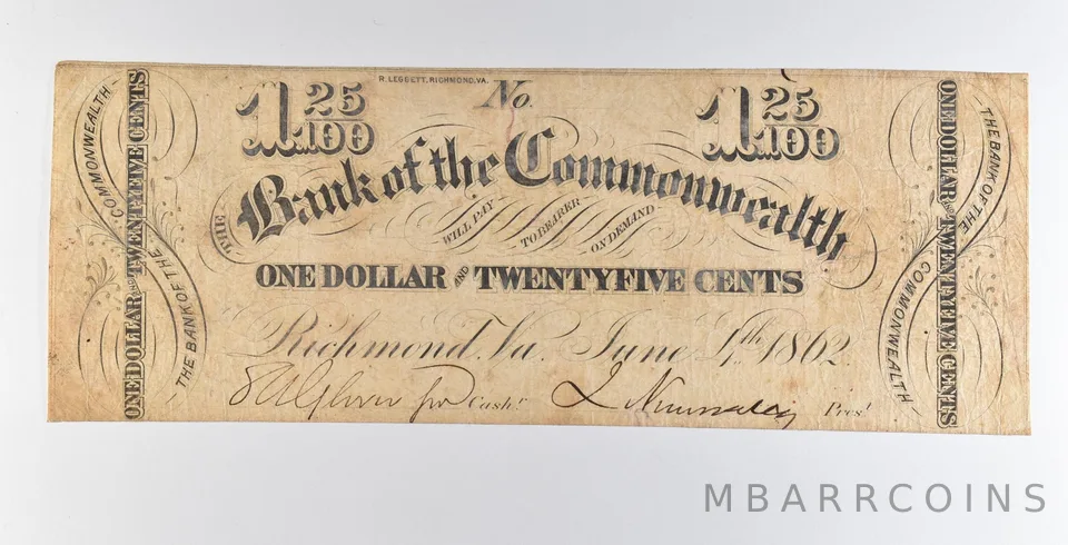 1862 $1.25 Richmond VA Bank Of The Commonwealth Obsolete Note *8921