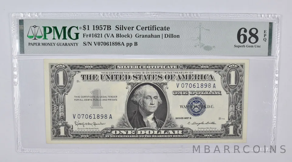 1957-B $1 Silver Certificate Fr# 1621 (VA Block) PMG 68 EPQ Superb Gem UNC *2400