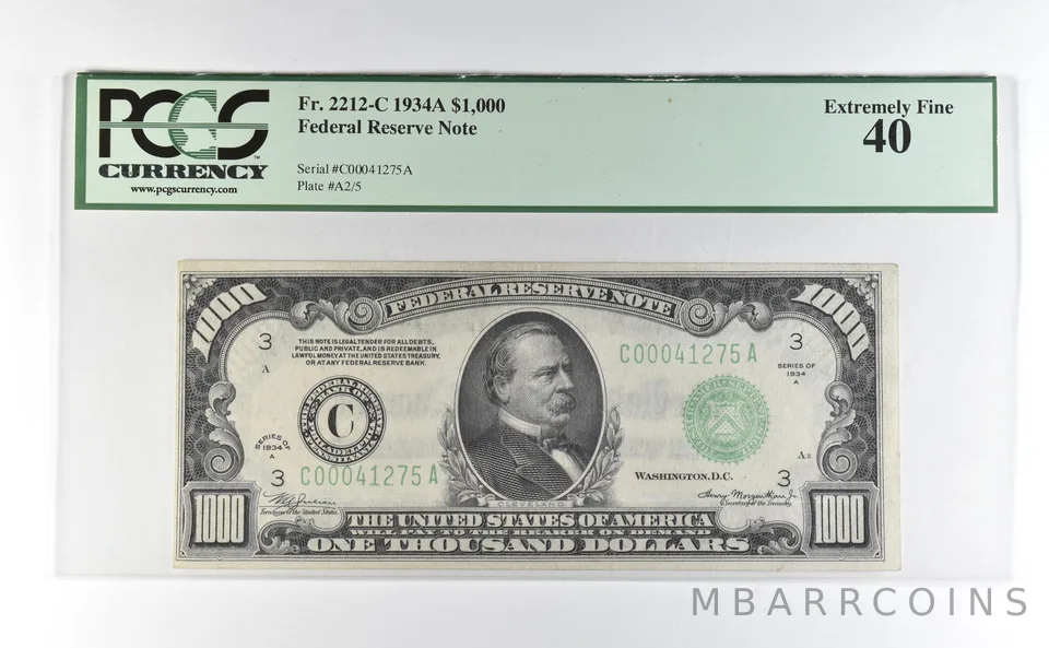 1934 A $1000 Philadelphia PA FRN Fr#2212-C Extremely Fine 40 PCGS *0372