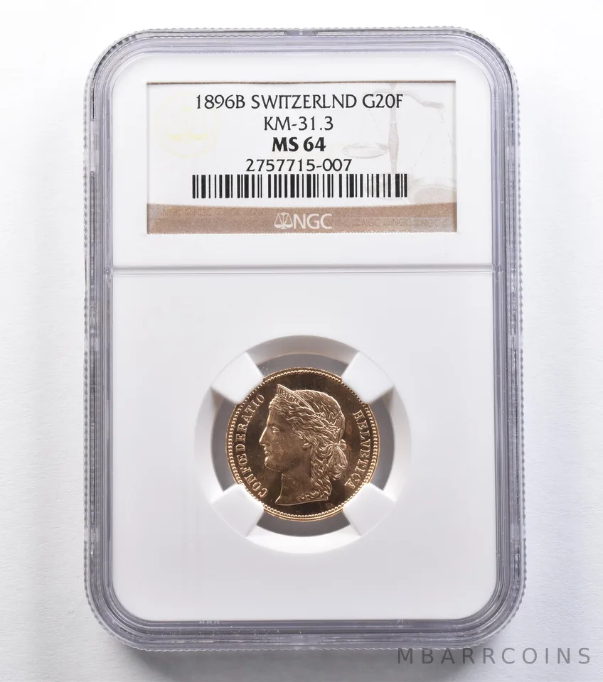 1896 B Switzerland 20 Francs Gold KM-31.3 MS64 NGC *2227