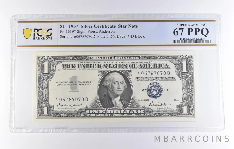 1957 $1 Silver Certificate Star Note Fr#1619* Superb Gem Unc 67 PPQ PCGS *8321