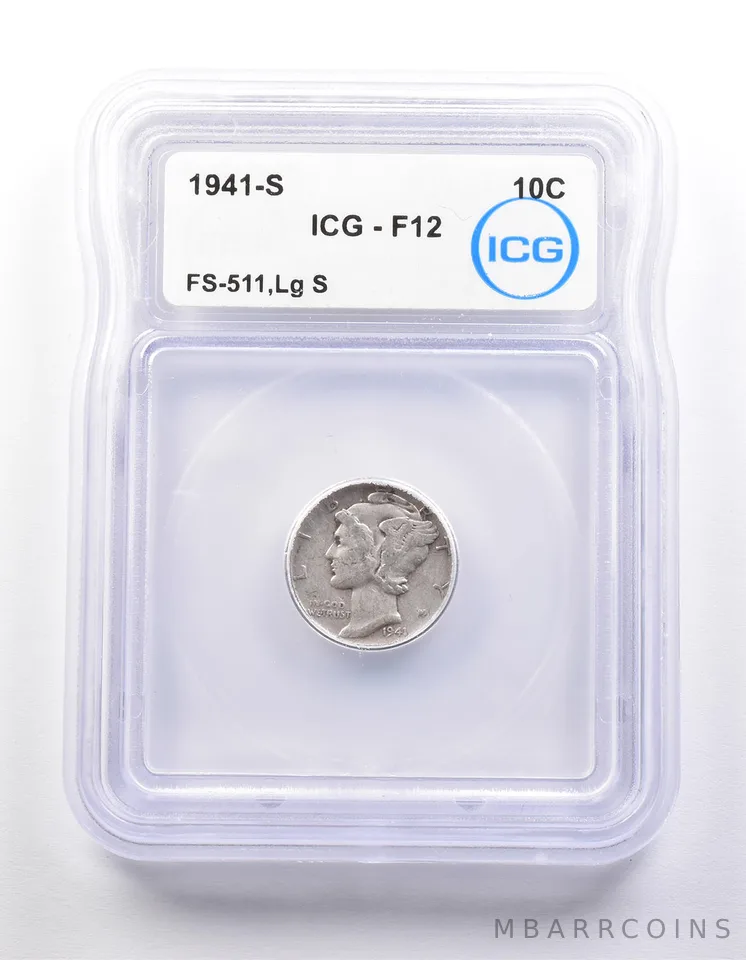 1941-S Mercury Dime FS-511 Large S F12 ICG *9867