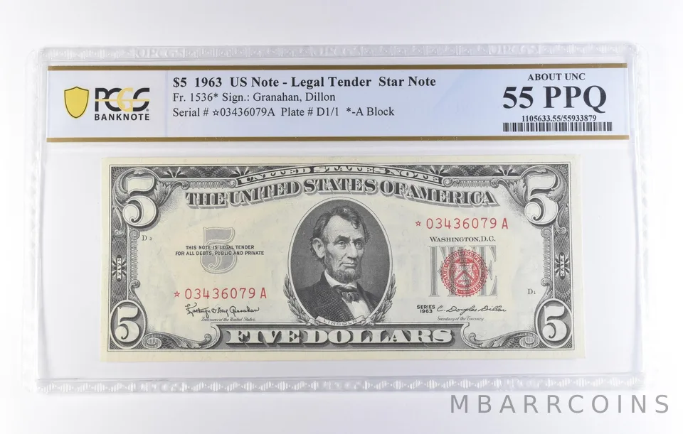 1963 $5 Legal Tender Star Note Fr#1536* About Unc 55 PPQ PCGS *8256