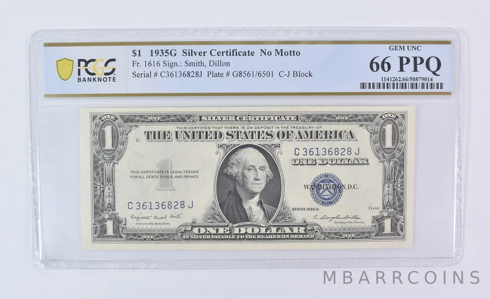 1935 G $1 Silver Certificate No Motto Fr#1616 Gem Unc 66 PPQ PCGS
