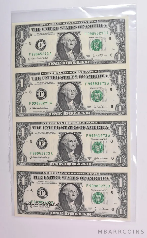 Lot (4) 2003 A $1 Atlanta GA FRN Green Seal Uncut Sheet *1830