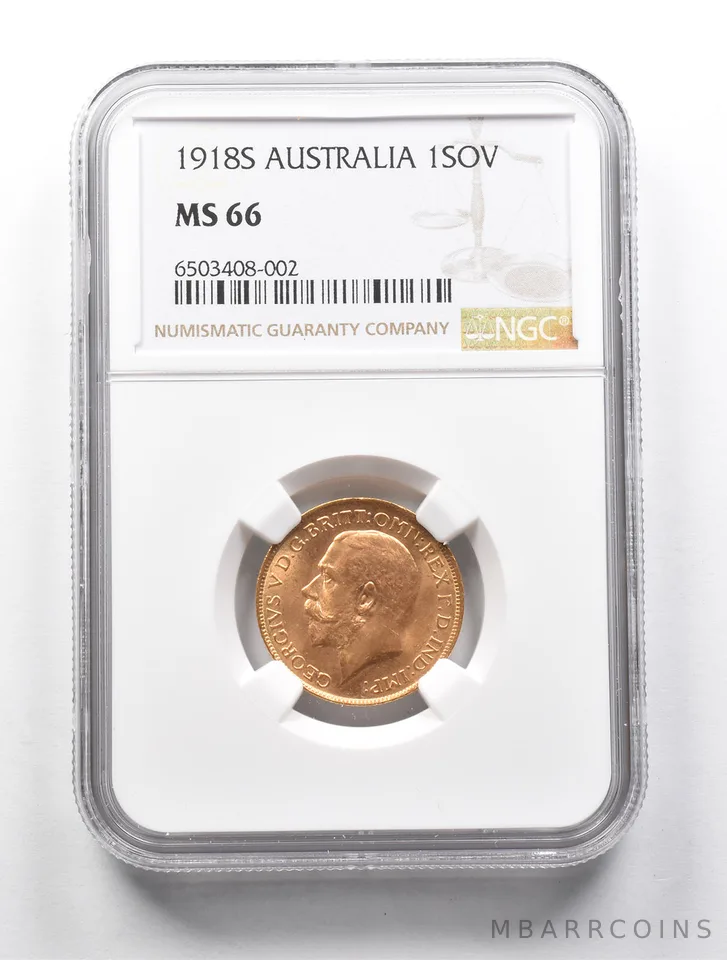 MS66 1918 S Australia 1 Gold Sovereign NGC *0671