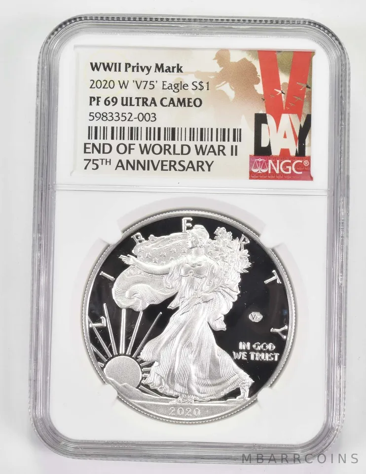 PF69UCAM 2020-W American Silver Eagle V75 Privy Mark End World War II NGC a9665