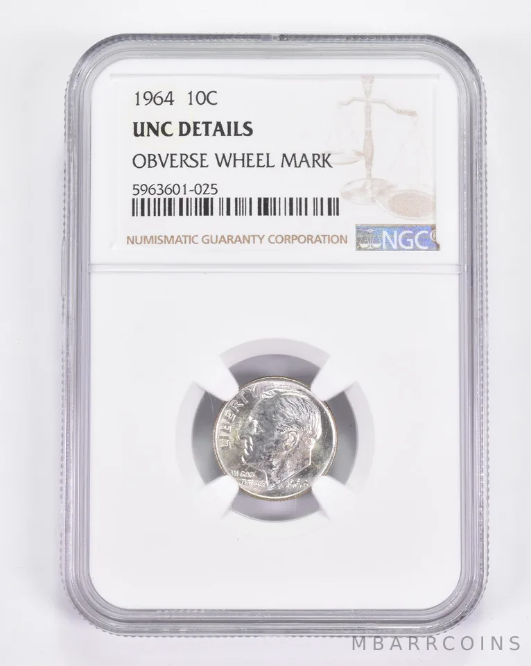 UNC Details 1964 Roosevelt Dime - OBV Wheel Mark - Graded NGC *9059
