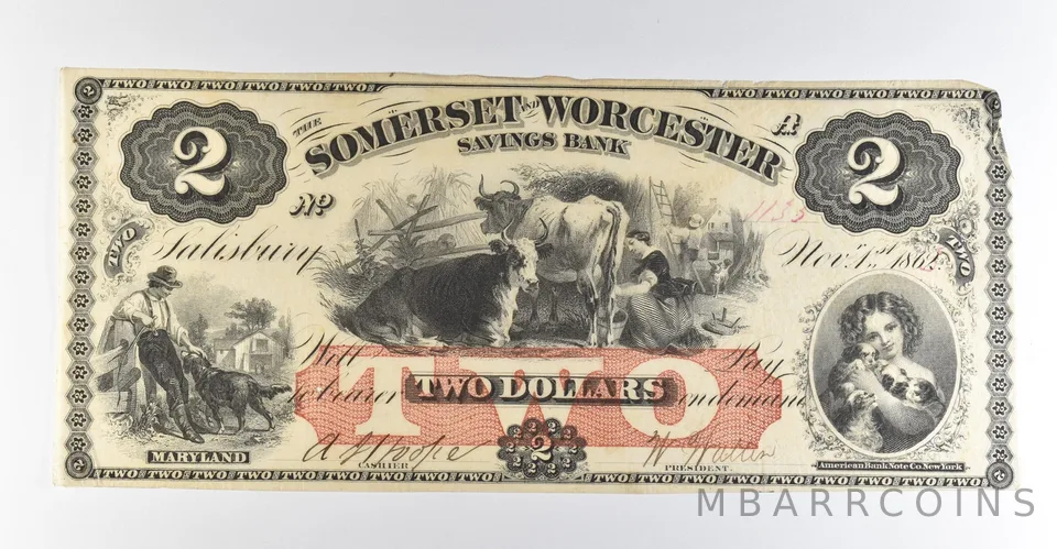 1862 $2 Salisbury MD Somerset & Worcester Savings Bank Obsolete Note *8491