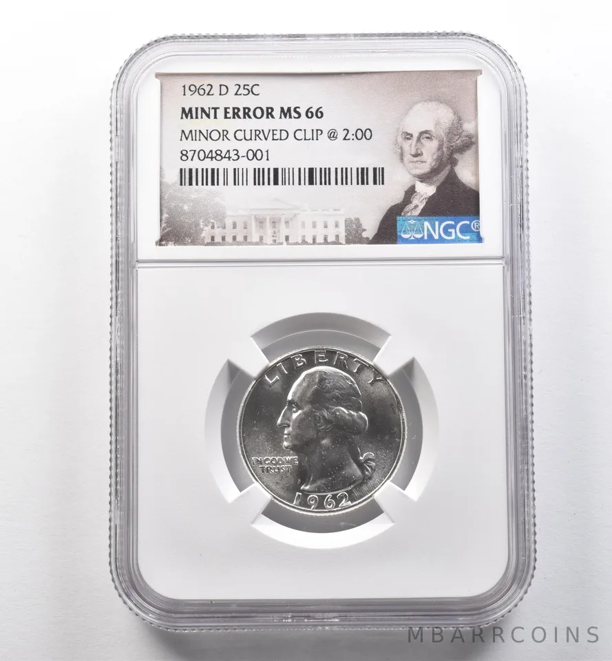 1962-D Washington Quarter Mint Error Minor Curved Clip @ 2:00 MS66 NGC *2251