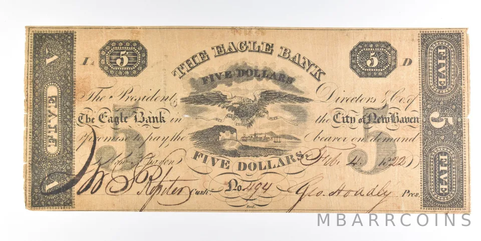 1822 $5 New Haven CT Eagle Bank Obsolete Note Haxby Book Photo *0247