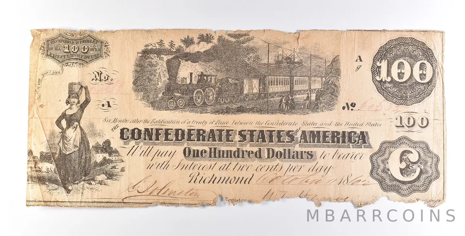 1862 $100 Confederate States Of America Note T40 *7282
