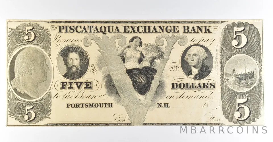 1800s $5 Portsmouth NH Piscataqua Exchange Bank Obsolete Note *8465