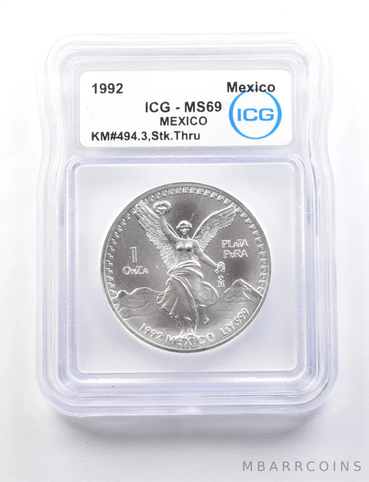 1992 Mexico 1 Onza Silver Libertad KM#494.3 Struck Thru MS69 ICG *7729