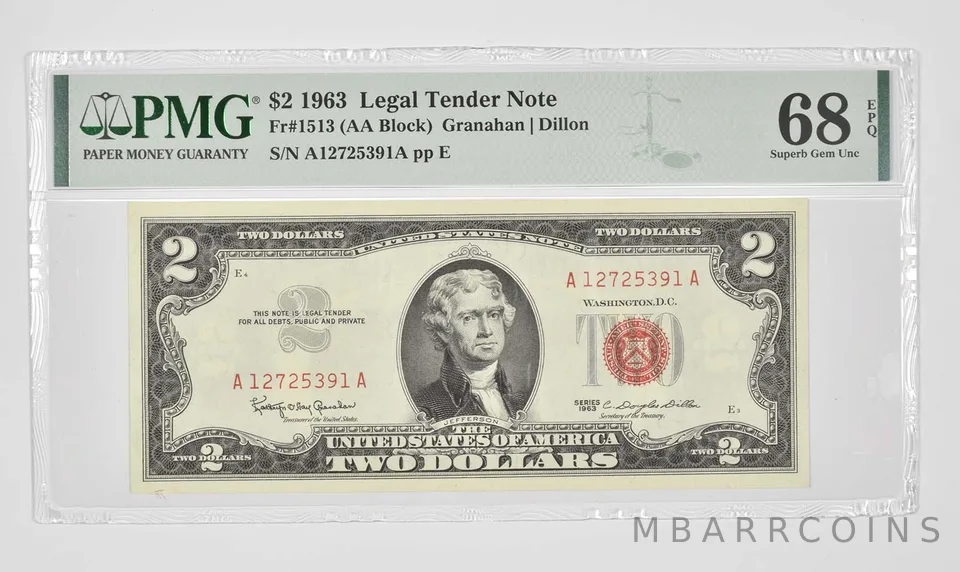 $2 1963 US Tender Red Seal PMG 68 EPQ Superb GEM UNC Fr#1513 (AA Block) a0995