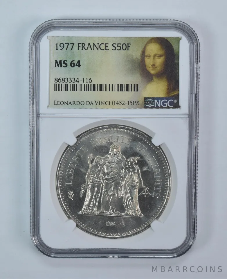 1977 France 50 Francs Silver MS64 NGC Mona Lisa Label