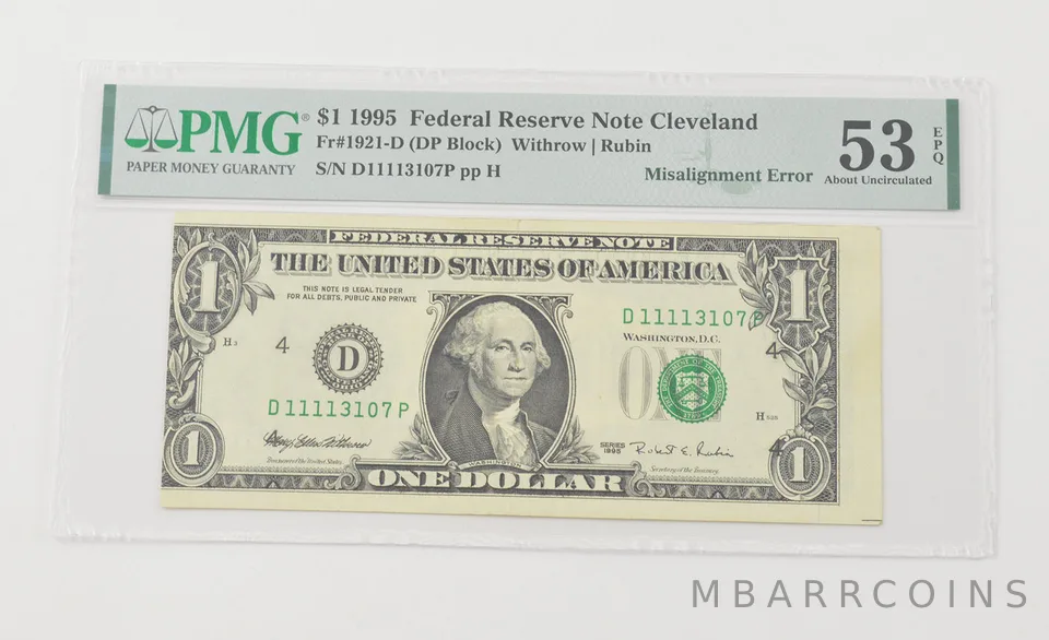 About UNC 53 EPQ 1995 $1 FRN Cleveland - FR#1921-D Misalignment Error PMG a6580
