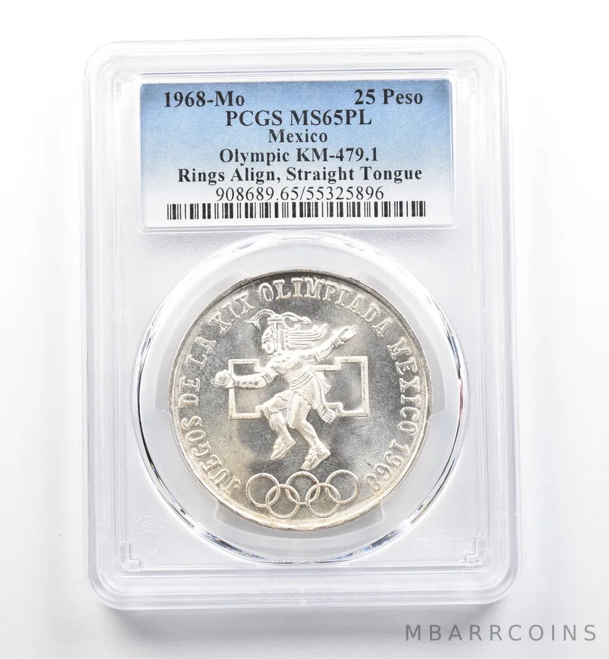 1968 Mo Mexico 25 Pesos Olympic Rings Align Straight Tongue MS65 PL PCGS *0169