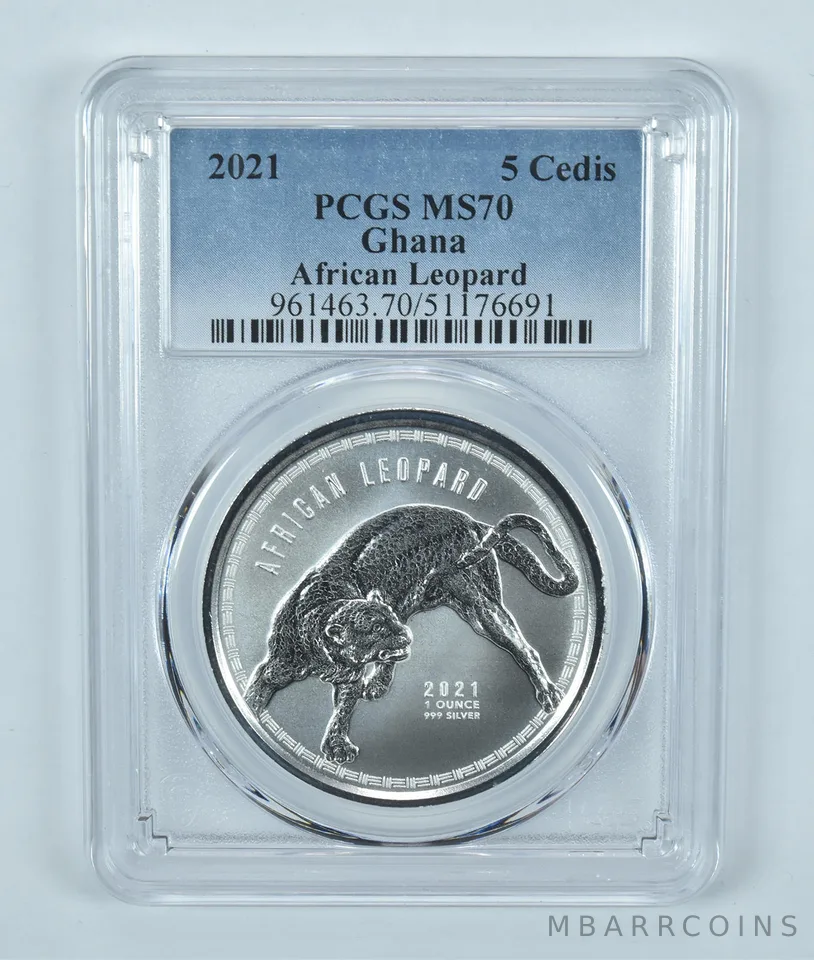2021 Ghana 5 Cedis Silver African Leopard MS70 PCGS