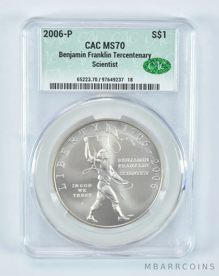 2006-P Ben Franklin Scientist Commemorative Silver Dollar MS70 CAC CACg