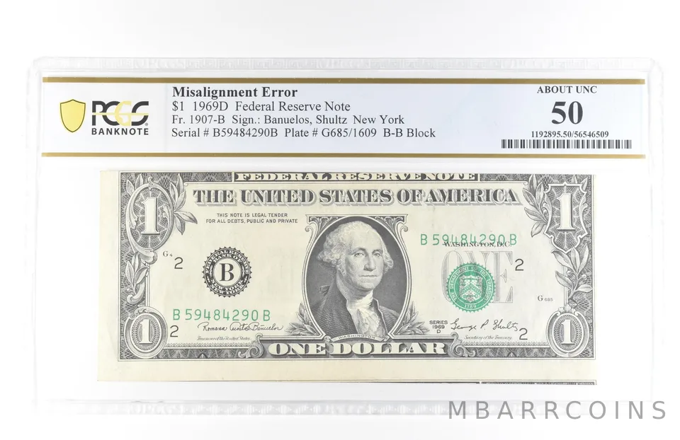 1969 D $1 New York NY FRN Misalignment Error Fr#1907-B About Unc 50 PCGS *5803