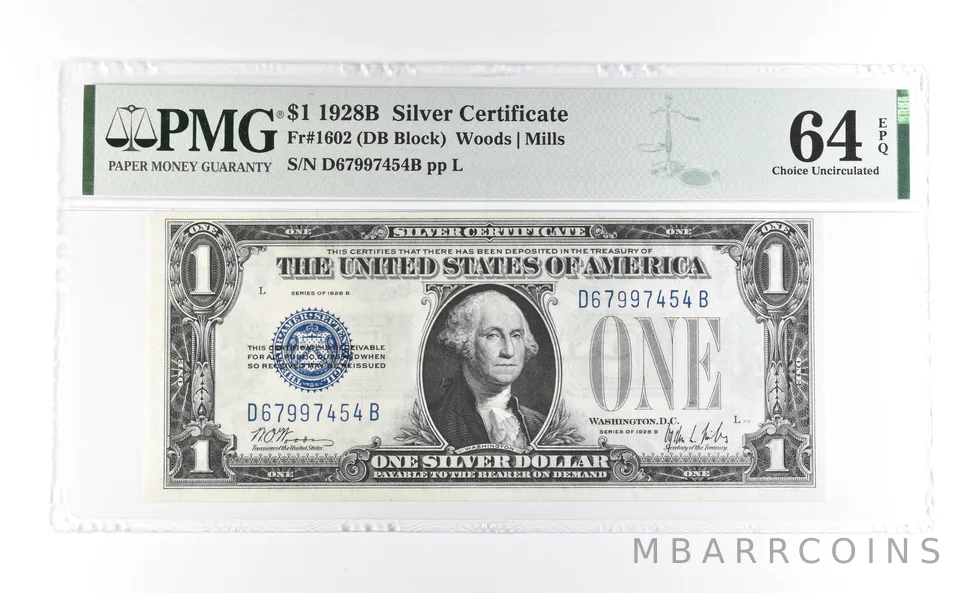 1928 B $1 Silver Certificate Fr#1602 Choice Unc 64 EPQ PMG 1602 a7028