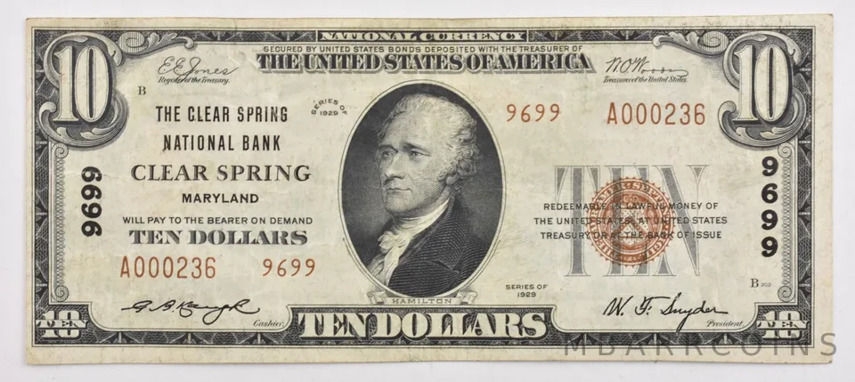 1929 $10 Clear Spring, MD US National Currency Note Brown Seal 9699 a1914