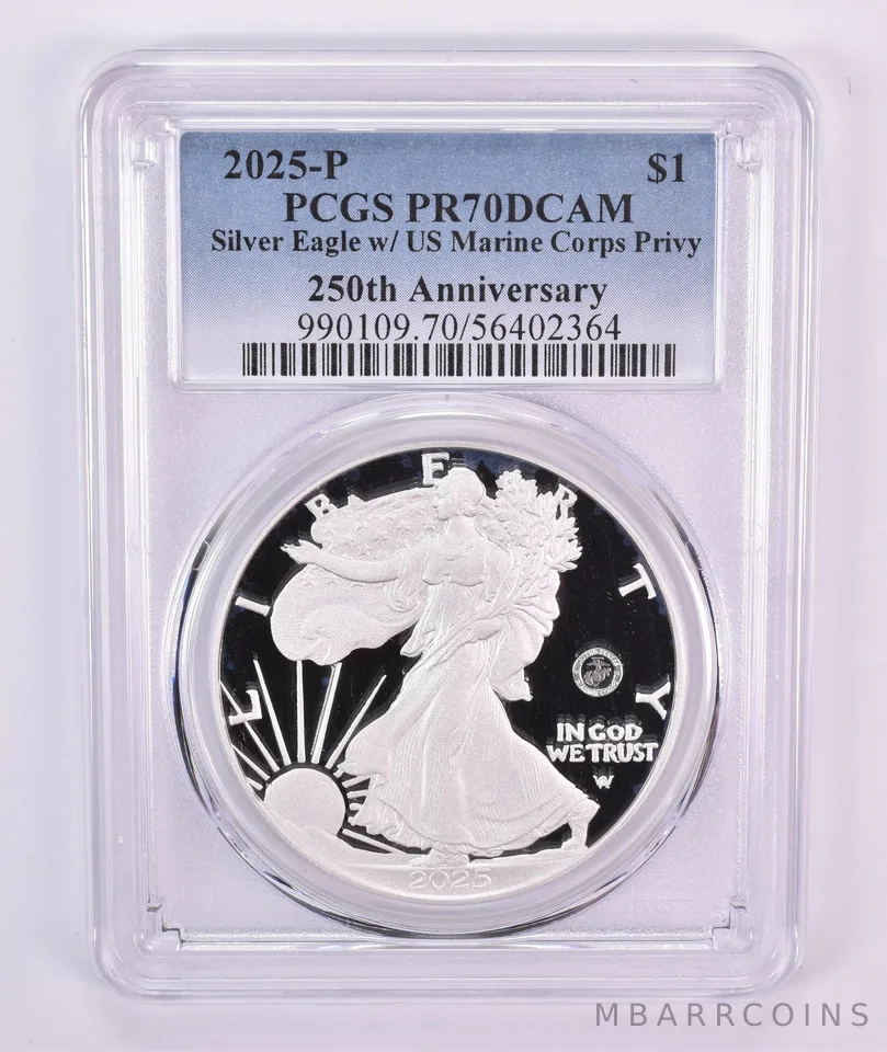 2025-P American Silver Eagle Marine Corps Privy PR70 DCAM PCGS