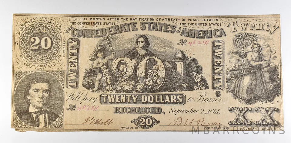 1861 $20 Confederate States Of America T-20 Large Note a8471