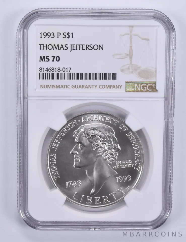 1993-P Thomas Jefferson Commemorative Dollar MS70 NGC Brown Label