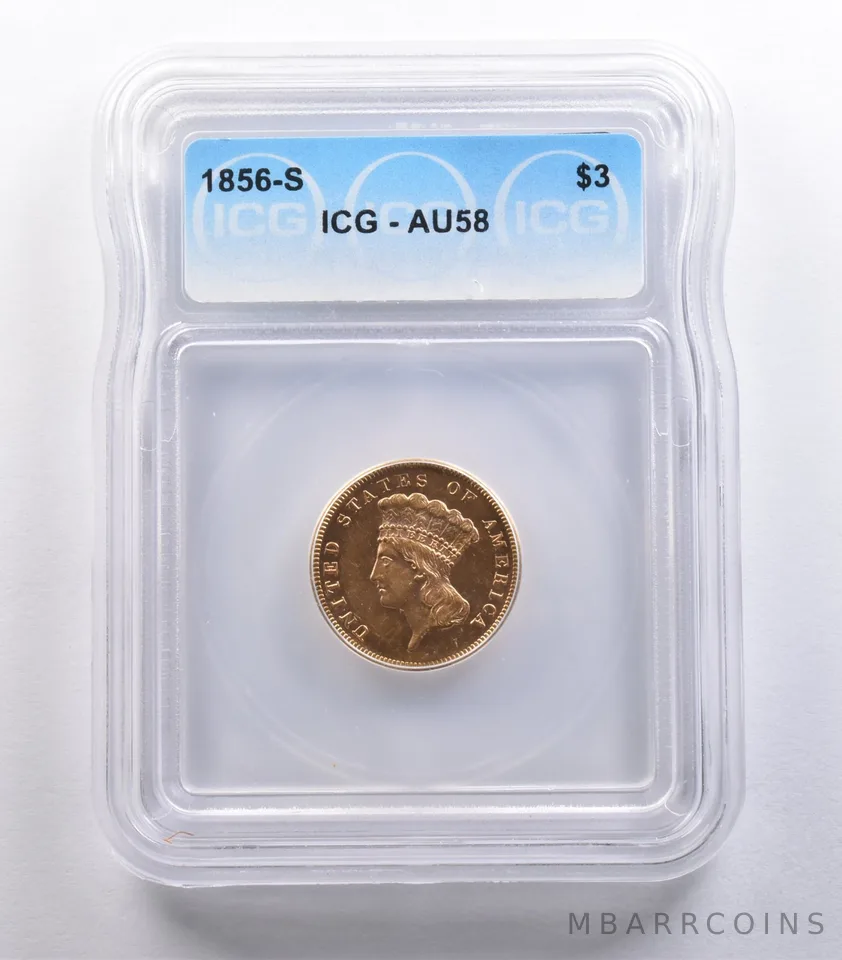 1856-S $3 Indian Princess Head Three Dollars Gold AU58 ICG a6436