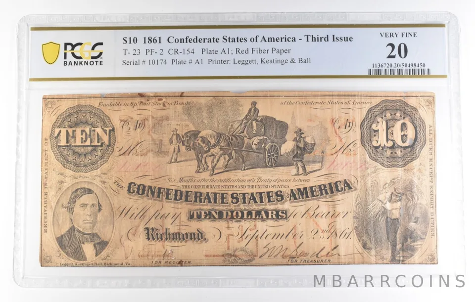 1861 $10 Confederate Third Issue T-23 PF-2 CR-154 Very Fine 20 PCGS a0133